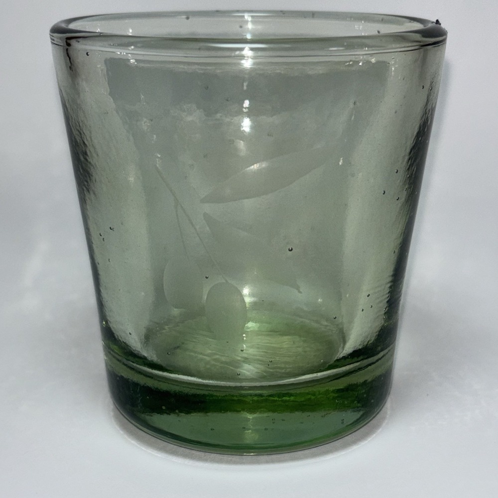 Hand Blown Olive Branch Etched Rocks Glass Green Tint Artisan Tumbler 3.5” 6 Oz.